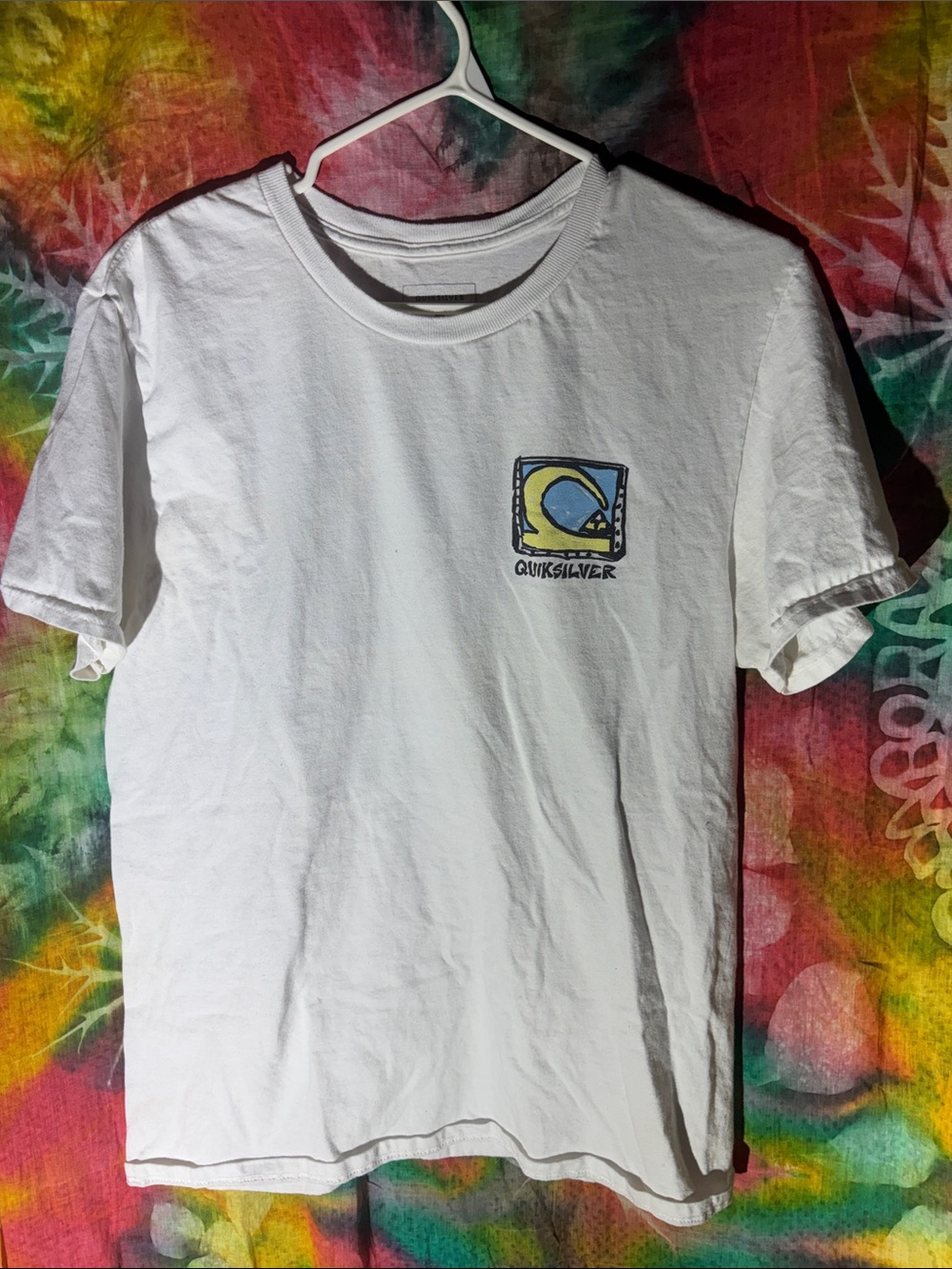 Quiksilver White Short Sleeve Tee with Blue and Yellow Chest Logo